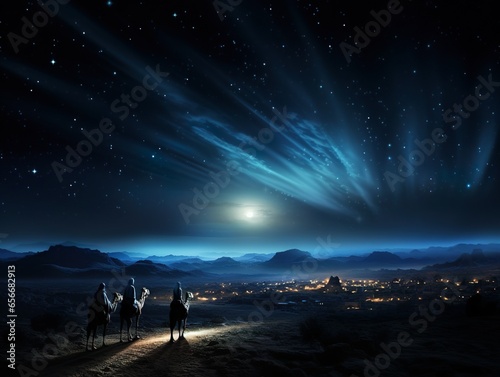 Epiphany. Three kings with camels walking through the desert.