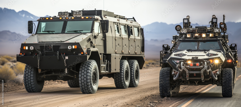 an armored truck and an armored car are on the road in the desert, cinematic scene style