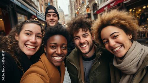 Portrait of smiling friends taking selfie on smartphone in city, low angle view