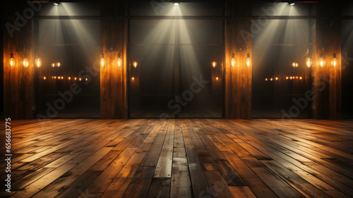 Room with wooden floor lighted with spotlights