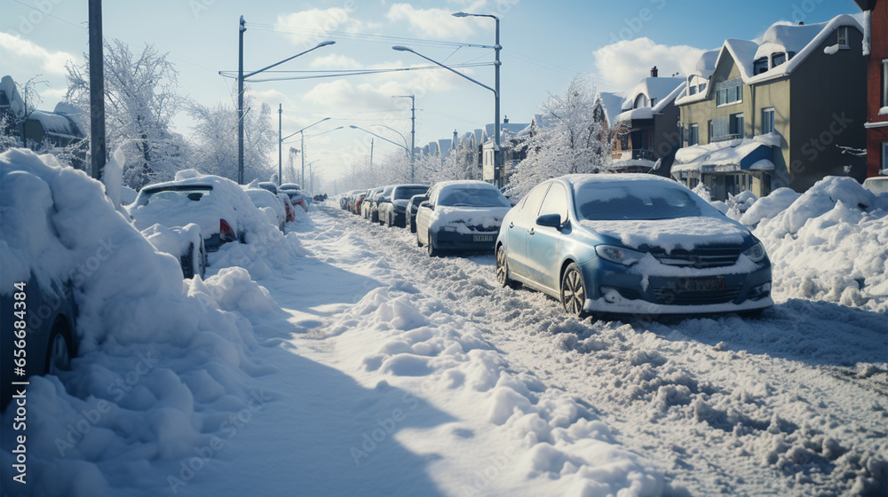 Cars covered with snow in a residential area in the winter. Cars covered with snow in a residential area in the winter.
