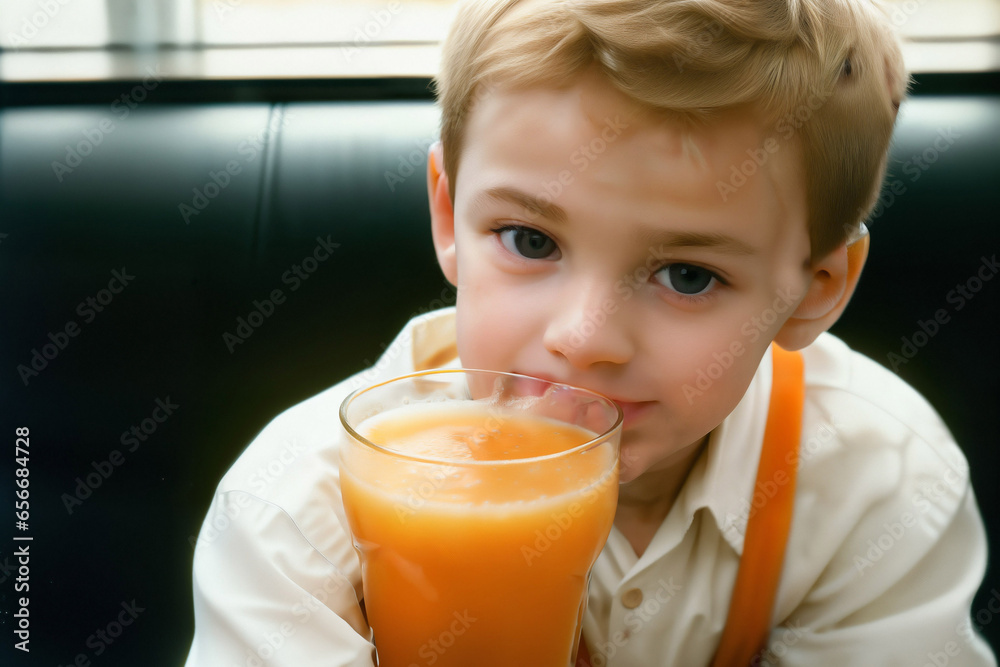 Athletic and muscular young child savoring a refreshing glass of Orange juice Athletic and muscular young child savoring a refreshing glass of Orange juice