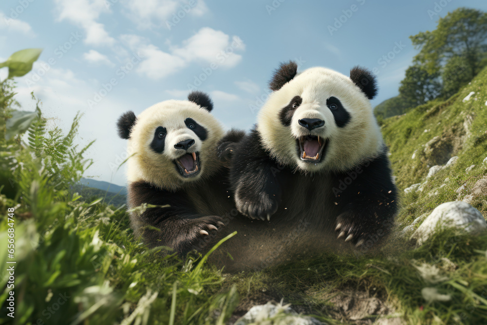 Fototapeta premium A pair of joyous pandas somersaulting down a hill, their black-and-white fur a striking contrast against the green grass. Concept of panda frolic. Generative Ai.
