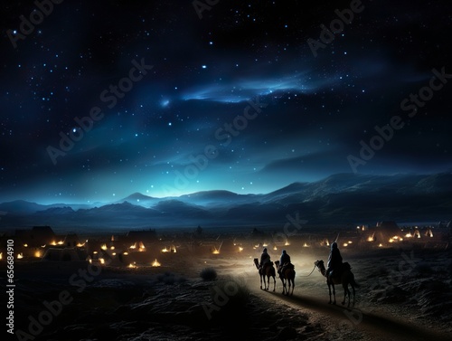 Fényképezés Epiphany. Three kings with camels walking through the desert.