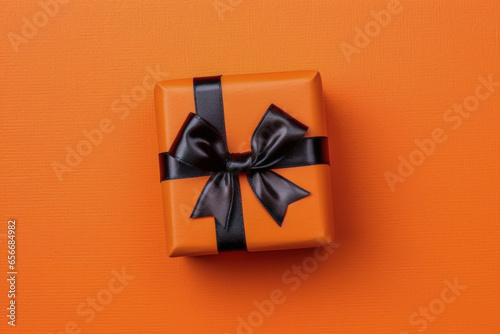 Orange gift box with ribbon and bow isolated on orange background.Holiday gift with Birthday, Christmas present or Halloween, flat lay, top view, copy space © Galina_R