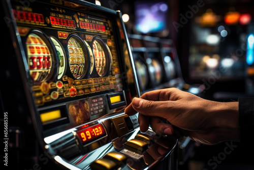 A person's hand hovering over a slot machine lever, illustrating the allure of casino gambling addiction. Generative Ai.
