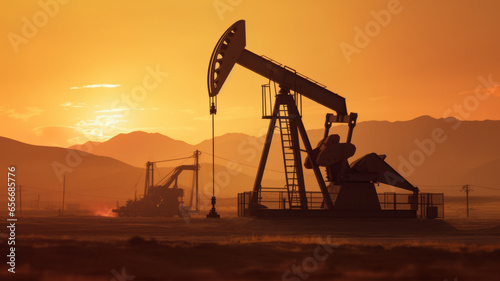 Silhouette of Crude oil pumpjack rig on desert silhouette in evening sunset, energy industrial machine for petroleum gas production photo