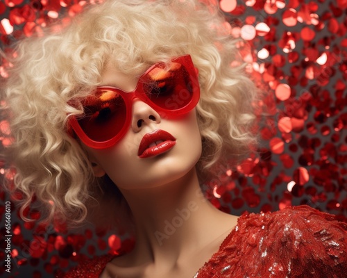 A beautiful woman in a fashionable red lip and goggles stands surrounded by glittering confetti, celebrating the start of a new year with a sparkling hairpiece and sunglasses