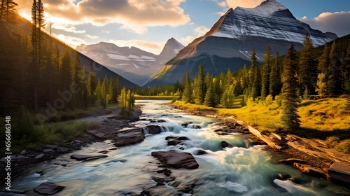 Mountain river in the Canadian Rockies. Panoramic view.