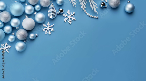 flat lay Merry Christmas background in blue