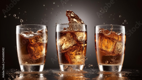 Splash cola, cold tea or coffee with ice cubes. Splashing drink in glass cup with air bubbles.