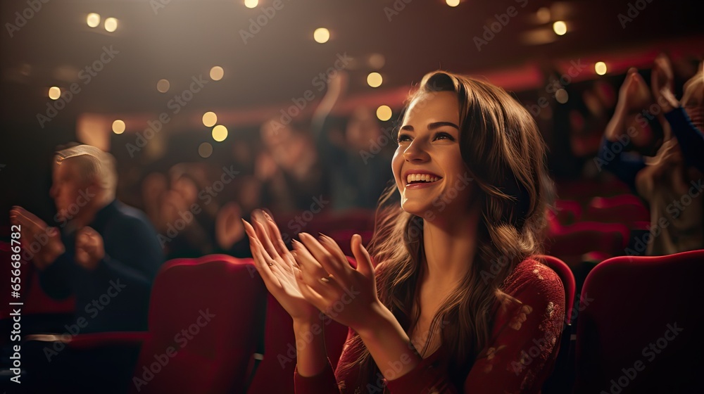 Smiling young woman sitting in cinema and listening to music with headphones