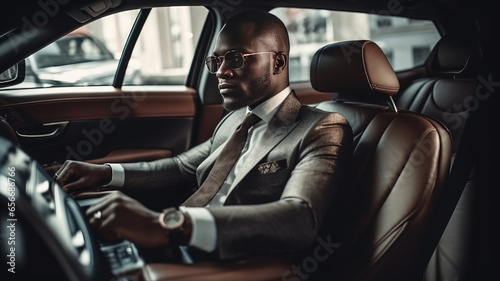 Successful black man in a business suit sitting in luxurious leather car interior, photo