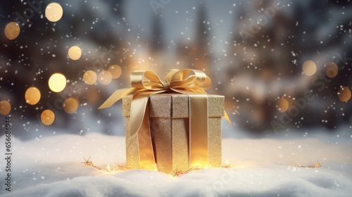 Gold-wrapped Christmas gift with a gold bow against a snowy backdrop © Jane Kelly