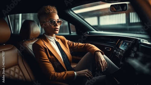 Successful black woman in a business suit sitting in luxurious leather car interior. © JKLoma