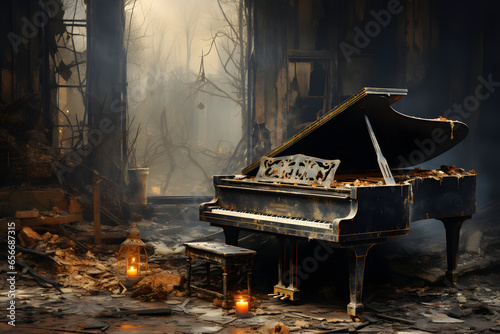 Nostalgic scene, old piano at abandoned ruin house.