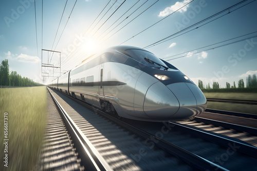High speed train on the railway track with motion blur background, Commercial transportation, modern passenger train photo