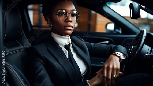 Successful black woman in a business suit sitting in luxurious leather car interior.