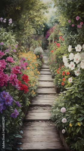 Canvas Print A garden path with flowers