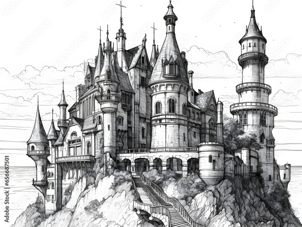 A drawing of a castle on top of a hill