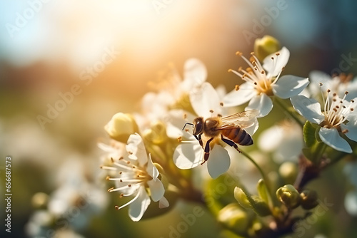 Honey bee collecting nectar from white flowers of a blossoming tree. Nature background. Spring
