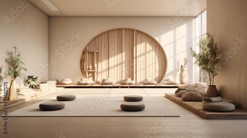 a serene yoga studio with earthy materials and calming colors that facilitate mindfulness and well-being