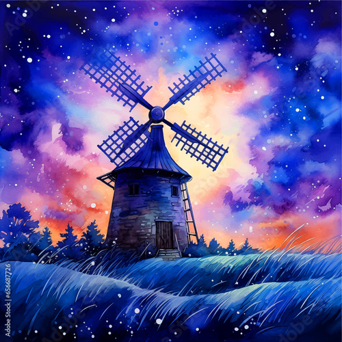  Windmill at night watercolor paint