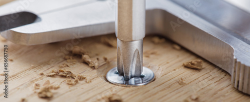 Photography screwdriver screw in a wood oaks plank