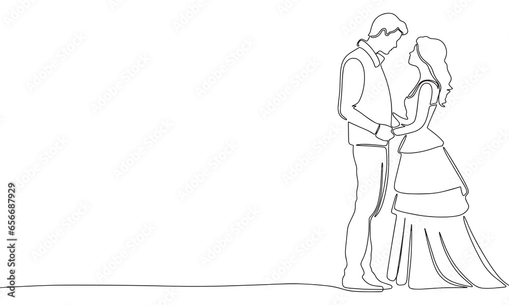 Couple woman and man one line continuous. Line art lovers silhouette. Outline concept banner for Valentines Day. Vector illustraiton.