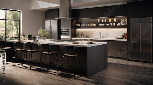 a sleek, modern kitchen with stainless steel appliances and minimalist bar stools, exuding a sense of culinary sophistication