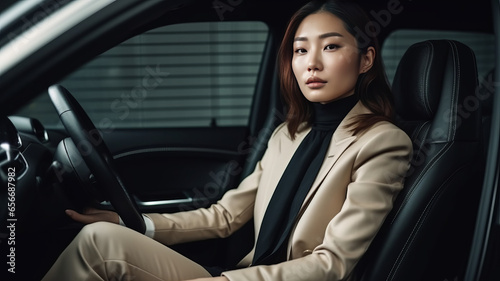 Successful asian woman in a business suit sitting in luxurious leather car interior.