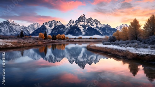 Mountains reflected in a lake at sunset. Panoramic view.