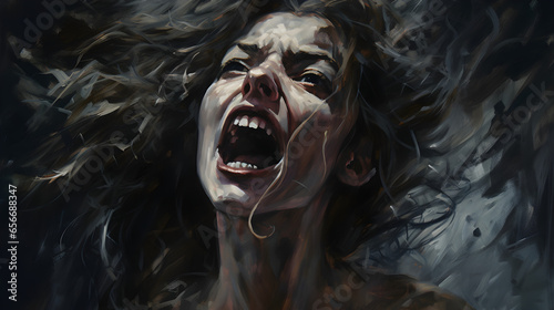 An oil painting of a woman screaming