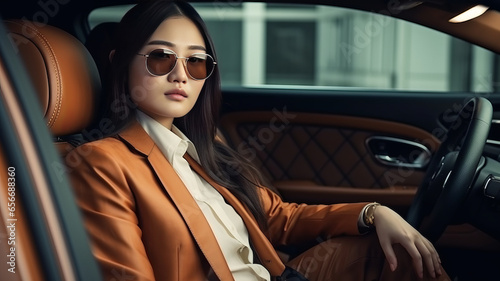 Successful asian woman in a business suit sitting in luxurious leather car interior. © JKLoma