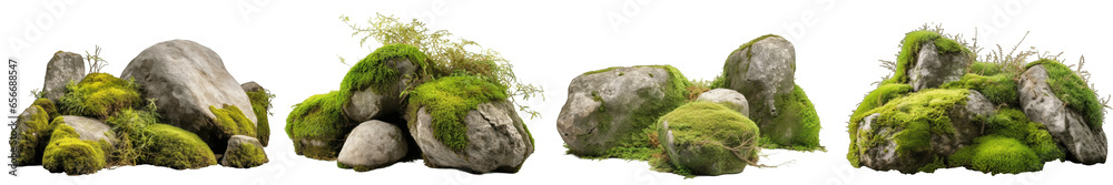 Large rocks with overgrown foliage and moss, plants and foliage around, green nature, isolated on transparent background generative ai - obrazy, fototapety, plakaty 