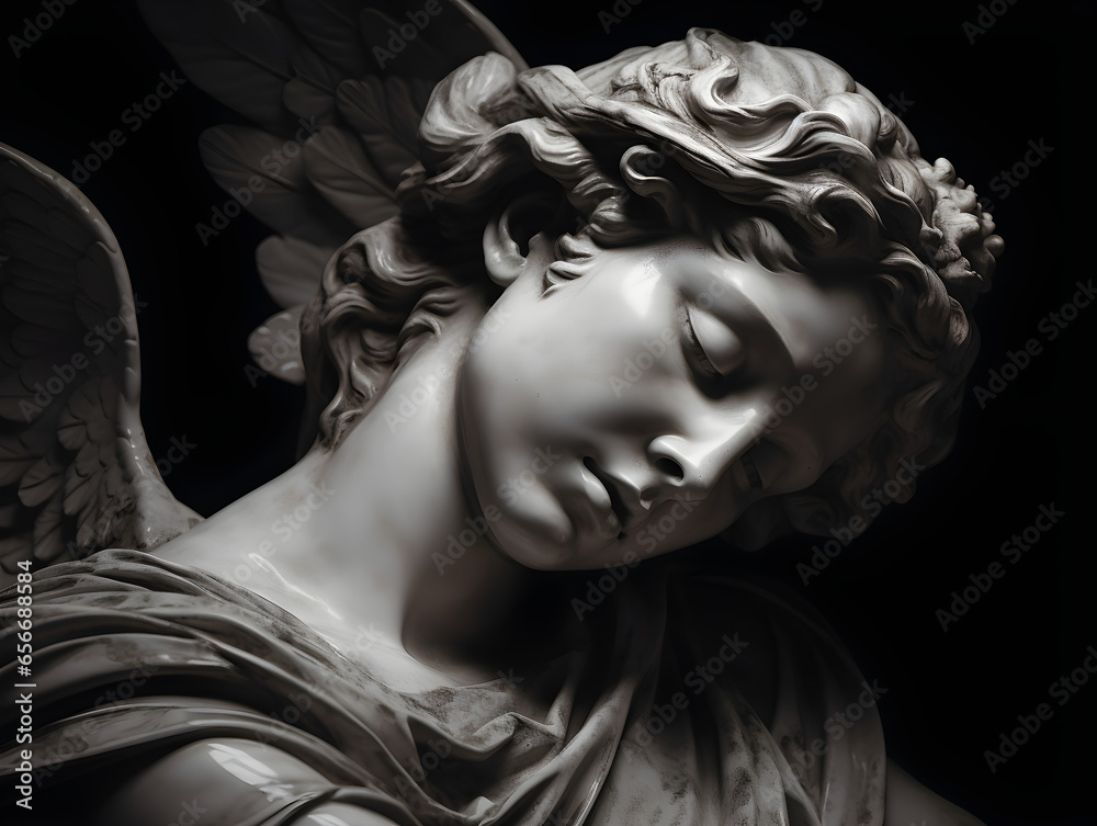 A statue of an angel with its eyes closed