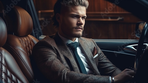 Successful man in a business suit sitting in luxurious leather car interior. © JKLoma