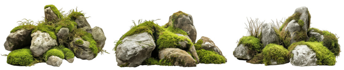Large rocks with overgrown foliage and moss, plants and foliage around, green nature, isolated on transparent background generative ai