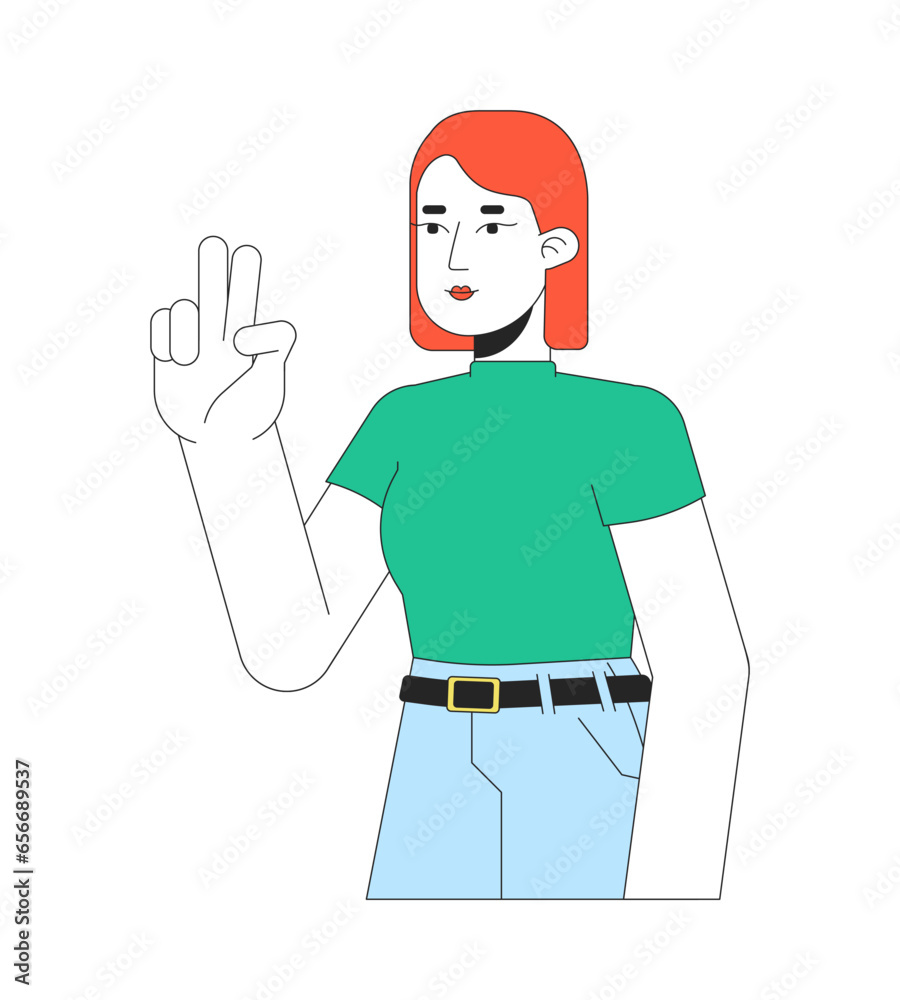 Peace sign girl european 2D linear cartoon character. Victorious caucasian female isolated line vector person white background. Selfie taking. Gesturing two fingers up color flat spot illustration