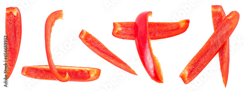 Set of red sweet bell pepper slices isolated on a white background, top view. Red fresh pepper strips.