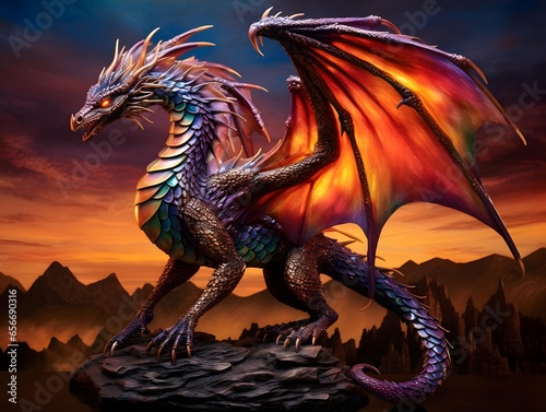 Dragon - 3D render of a dragon on a background of mountains