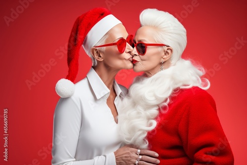 Portrait moderne et provoquant de deux femmes lesbiennes s'embrassant sur la bouche déguisées en Père Noël. photo