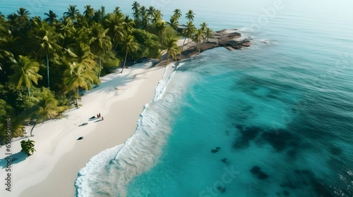 Aerial view of beautiful tropical beach and sea with coconut palm tree