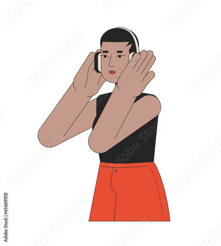 Short hair african american girl headphones 2D linear cartoon character. Listening music isolated line vector person white background. Podcast listener. Happy melomaniac color flat spot illustration