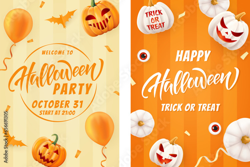 Halloween background  pumpkins set. Greeting card for party and sale. Autumn holidays. Vector illustration EPS10.