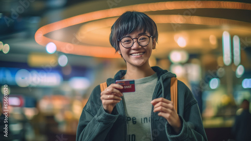 Woman happy expression wearing sweater holding credit card shopping mall background.