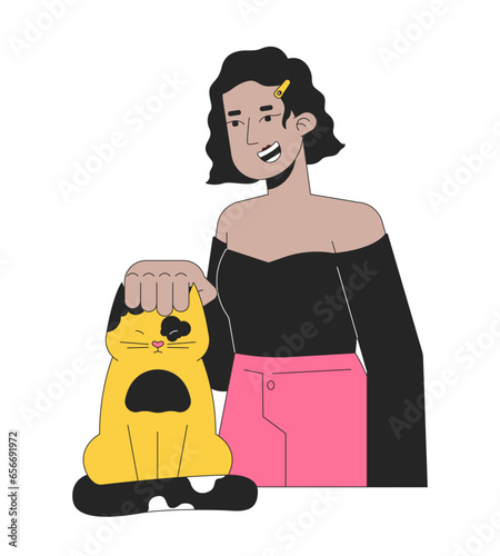 Girl latina petting domestic kitten 2D linear cartoon character. Hispanic lady cat head scratching isolated line vector person white background. Pet lover female color flat spot illustration