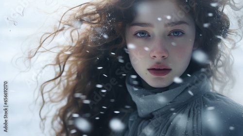 Close up of a young girl wearing a gray coat. Snow is blowing and hair is blowing in the wind. Cold winter concept.