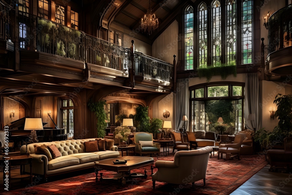 Interior of a luxury hotel lobby. Panorama. 3d rendering
