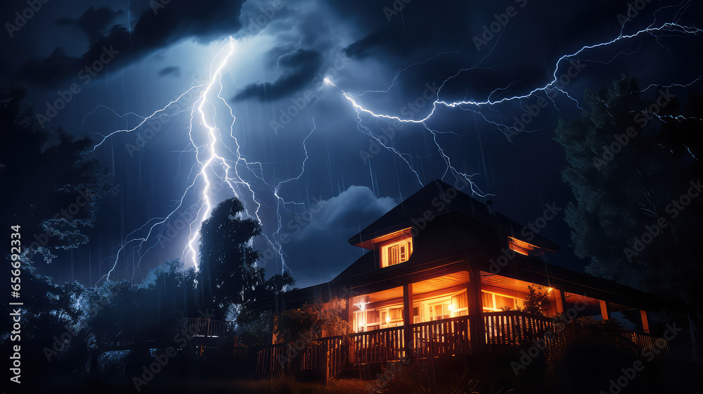 Lightning striks the house at night